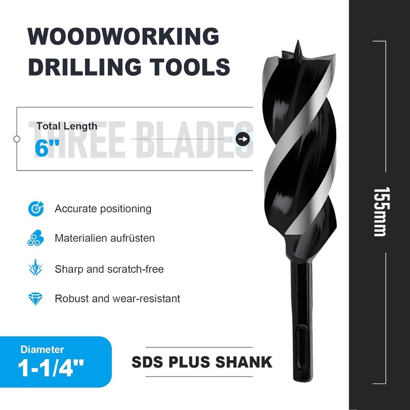WOBLLMX 1-1/4" x 6" Auger Drill Bit with SDS Plus Shank for Wood,Tri Flute Ship Auger Long Drill Bit for Soft and Hard Wood,Tree Stump,Plastic,Drywall and Composite Materials - Image 2